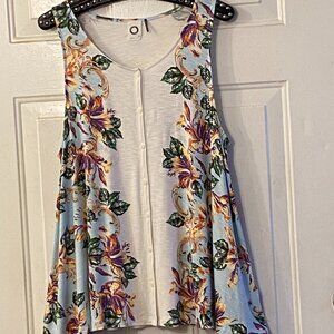 Akemi +Kin Womens Sz L Knit Flared Tank Button Up White/Multicolor Floral